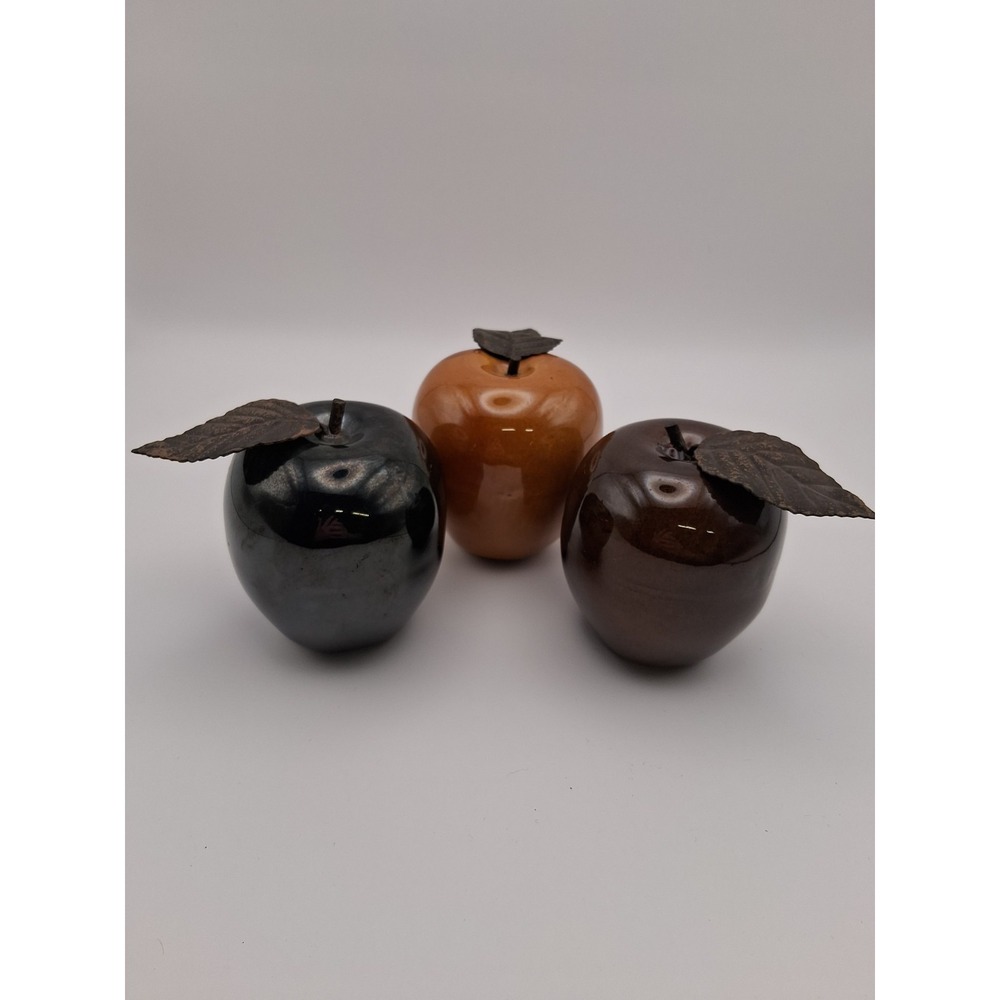Vintage Set of 3 Hollow Metal Apples w/Metal Leaves Painted Smooth Glossy Finish
